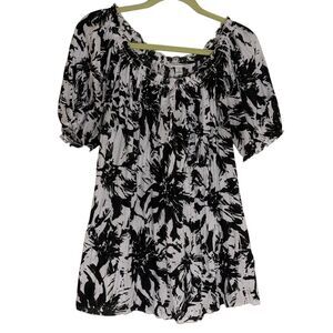 Croft & Barrow Blouse Top Shirt Boho Peasant Floral Black White L bv